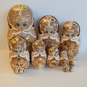 Vintage Matryoshka Pyrography nesting dolls Russian folk art set of 10 Gold Gilt